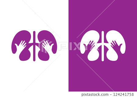 Kidneys and hands logo combination. Unique organ and embrace logotype design template. 124241758