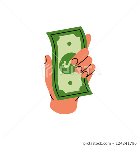 A hand holding a dollar banknote. Money investment and business commerce. Vector illustration. 124241786