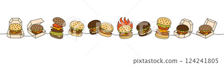 Burger set one line colored continuous drawing. Traditional American fast food. Hand drawn elements for cafe menu, restaurants. Burger set one line colored continuous drawing. Traditional American fast food. Hand drawn elements for cafe menu, restaurants. 124241805
