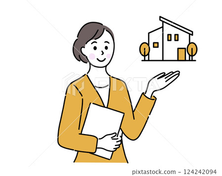 A woman in a suit working as a real estate salesperson showing a detached house 124242094