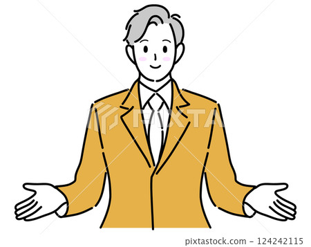 A businessman guiding with open arms A businessman guiding with open arms 124242115