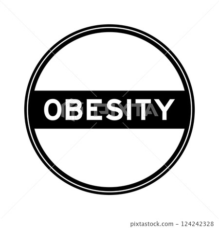 Black color round seal sticker in word obesity on white background 124242328