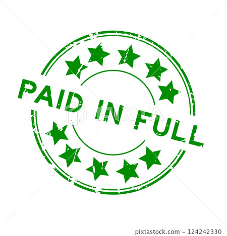 Grunge green paid in full word round rubber seal stamp on white background 124242330