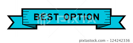 Ribbon label banner with word best option in blue color on white background 124242336