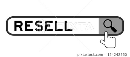 Search banner in word resell with hand over magnifier icon on white background 124242360