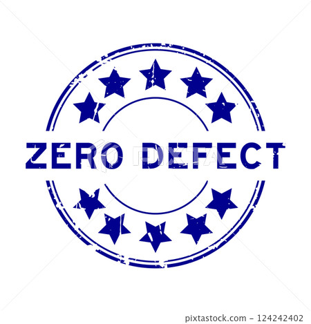 Grunge blue zero defect word with star icon round rubber seal stamp on white background Grunge blue zero defect word with star icon round rubber seal stamp on white background 124242402