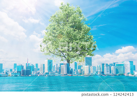 Image of Tokyo cityscape and large tree growth Image of Tokyo cityscape and large tree growth 124242413