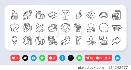 Hazelnut, Sunflower seed and Cold coffee line icons pack. Social media: share, comment, like icons. Coffee beans, Ice creams, Food delivery web icon. Vector 124242477