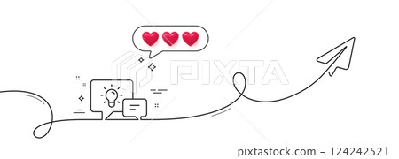 Idea lamp with Speech bubbles line icon. Continuous line with share plane. Communication sign. Light bulb symbol. Hearts rate review in speech bubble. Idea lamp single line ribbon. Vector 124242521