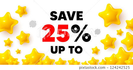 Discount winner banner with 3d stars. Golden stars banner. Save up to 25 percent tag. Discount Sale offer price sign. Special offer symbol. Review rate background. Vector 124242525
