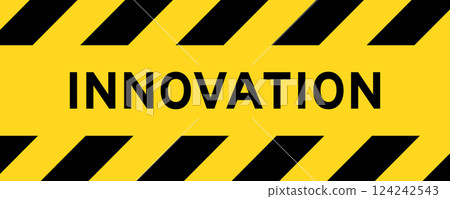 Yellow and black color with line striped label banner with word innovation Yellow and black color with line striped label banner with word innovation 124242543