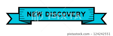 Ribbon label banner with word new discovery in blue color on white background 124242551