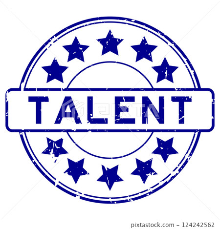 Grunge blue talent word with star icon round rubber seal stamp on white background 124242562