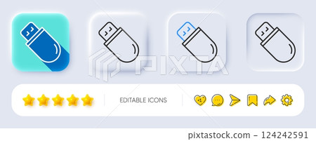 Usb stick line icon. Neumorphic, Flat shadow, 3d buttons. Computer memory component sign. Data storage symbol. Line usb stick icon. Social media icons. Vector 124242591