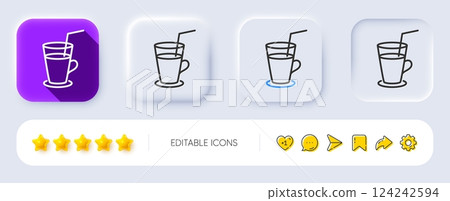 Coffee or Cocktail line icon. Neumorphic, Flat shadow, 3d buttons. Fresh drink sign. Beverage symbol. Line cocktail icon. Social media icons. Vector 124242594