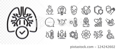 Heart beat, Dont touch and Weather thermometer line icons for web app. Glare of light effect. Message icon. Pack of Lungs, Medical mask, Low thermometer pictogram icons. Vector 124242602