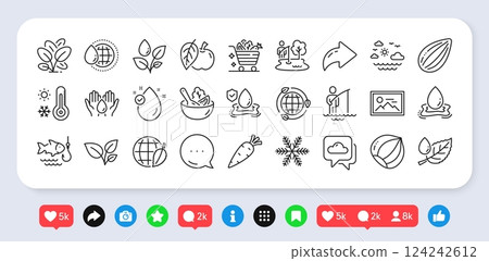 Fisherman, Salad and Water splash line icons pack. Social media: share, comment, like icons. Hazelnut, Apple, Travel sea web icon. Vitamin e, Photo, Leaf dew pictogram. Vector Fisherman, Salad and Water splash line icons pack. Social media: share, comment, like icons. Hazelnut, Apple, Travel sea web icon. Vitamin e, Photo, Leaf dew pictogram. Vector 124242612
