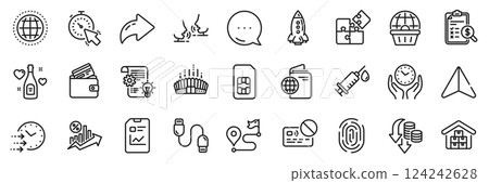 Medical syringe, Rocket and Loan percent line icons pack. Share, Message, Paper plane icons. Timer, Travel passport, Love champagne web icon. Vector 124242628