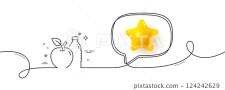 Apple line icon. Continuous line with 3d star. Fruit, water bottle sign. Natural food symbol. 3d star in speech bubble. Apple single line ribbon. Loop curve pattern. Vector 124242629