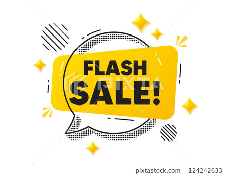 Flash sale chat speech bubble. Social media concept. Flash Sale tag. Special offer price sign. Advertising Discounts symbol. Yellow chat message. Offer speech bubble. Glare 3d stars. Vector 124242633