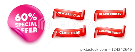 Discount sticker, offer ribbons. Black friday, coming soon. 60 percent discount offer tag. Sale price promo sign. Special offer symbol. Pink sticker tag. Flag ribbon banners. Vector 124242649