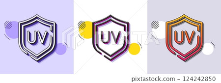 Sun protection line icon. Halftone dotted pattern. Gradient icon with grain shadow. Uv protect sign. Sunscreen effect symbol. Line uv protection icon. Various designs. Vector 124242850