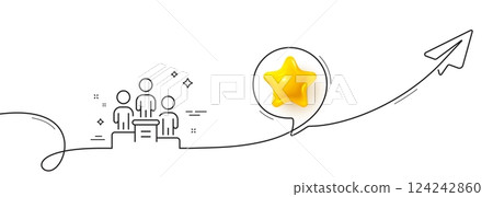 Business podium line icon. Continuous line with share plane. Employee nomination sign. Teamwork award symbol. 3d star in speech bubble. Business podium single line ribbon. Loop curve pattern. Vector 124242860