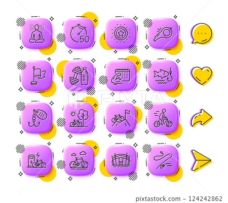 Yoga, Timer and Fishing line icons. App 3d buttons. Social media comment, share, like icons. Pack of Bicycle, Electric bike, Dumbbell icon. Vector 124242862