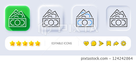 Money line icon. Neumorphic, Flat shadow, 3d buttons. Cash banknotes sign. Savings profit symbol. Line money icon. Social media icons. Vector 124242864