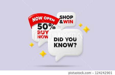 Did you know speech bubbles. Now open flag ribbon. Did you know tag. Special offer question sign. Interesting facts symbol. Discount chat bubbles with 3d sparkles. Vector 124242901