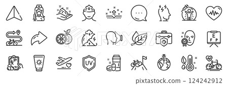Pandemic vaccine, Heartbeat and Mountain bike line icons pack. Share, Message, Paper plane icons. Vision board, Medical insurance, Uv protection web icon. Skin care, Stress, Orange pictogram. Vector 124242912