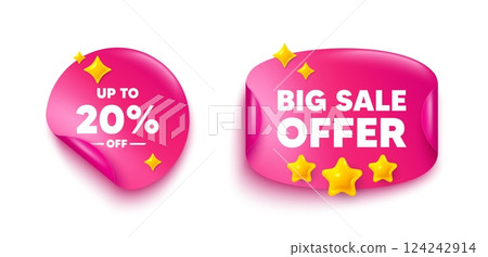 Discount tag sticker tag. Big offer paper price banner. Up to 20 percent off sale. Discount offer price sign. Special offer symbol. Save 20 percentages. Discount sticker with 3d stars. Vector Discount tag sticker tag. Big offer paper price banner. Up to 20 percent off sale. Discount offer price sign. Special offer symbol. Save 20 percentages. Discount sticker with 3d stars. Vector 124242914