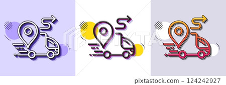 Delivery line icon. Halftone dotted pattern. Gradient icon with grain shadow. Road path sign. Car journey route symbol. Line delivery icon. Various designs. Vector 124242927