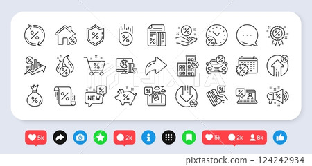Loan line icons. Social media: share, comment, like icons. Set of Interest rate, Investment and Percentage diagram linear icons. Car leasing, analytics plan, Credit card percent and loan rate. Vector Loan line icons. Social media: share, comment, like icons. Set of Interest rate, Investment and Percentage diagram linear icons. Car leasing, analytics plan, Credit card percent and loan rate. Vector 124242934