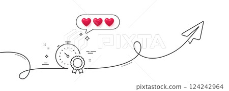 Best result line icon. Continuous line with share plane. Timer award sign sign. Successful win symbol. Hearts rate review in speech bubble. Best result single line ribbon. Loop curve pattern. Vector 124242964