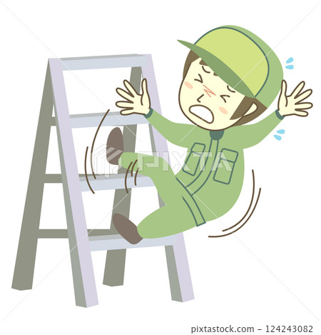 A male worker falls off a stepladder after losing his footing 124243082