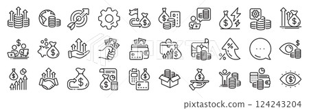 Finance line icons. Settings gear, Message, Inflation icons. Accounting coins, Budget Investment, Trade Strategy icons. Finance management, Budget gain and Business asset. Vector 124243204