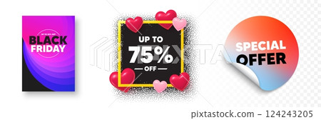 Discount tag photo frame 3d hearts. Special offer sticker banner. Up to 75 percent off sale. Discount offer price sign. Special offer symbol. Save 75 percentages. Black friday poster. Vector 124243205