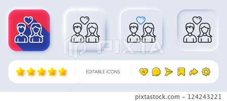Couple with Heart line icon. Neumorphic, Flat shadow, 3d buttons. Users Group sign. Male and Female Person silhouette symbol. Line couple love icon. Social media icons. Vector 124243221