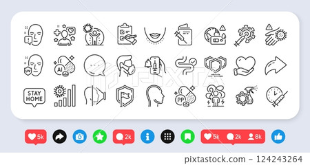 Stay home, Difficult stress and Medical mask line icons pack. Social media: share, comment, like icons. Coronavirus statistics, Shield, Covid test web icon. Vector Stay home, Difficult stress and Medical mask line icons pack. Social media: share, comment, like icons. Coronavirus statistics, Shield, Covid test web icon. Vector 124243264