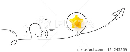 Human sing line icon. Continuous line with share plane. Talk sign. Person speak symbol. 3d star in speech bubble. Human sing single line ribbon. Loop curve pattern. Vector 124243269