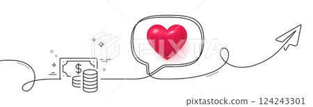 Coins banknote line icon. Continuous line with share plane. Cash money sign. Business income symbol. 3d heart in speech bubble. Coins banknote single line ribbon. Loop curve pattern. Vector 124243301