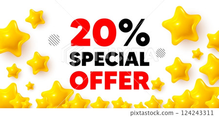 Discount winner banner with 3d stars. Golden stars banner. 20 percent discount offer tag. Sale price promo sign. Special offer symbol. Review rate background. Vector Discount winner banner with 3d stars. Golden stars banner. 20 percent discount offer tag. Sale price promo sign. Special offer symbol. Review rate background. Vector 124243311