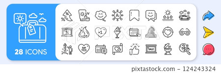 Fireworks, Grill and Sun protection line icons. Interest rate, AI generate, Inflation icons. Pack of Sunscreen, Smile face, Ice cream icon. Roller coaster, Smile chat, Heart target pictogram. Vector 124243324