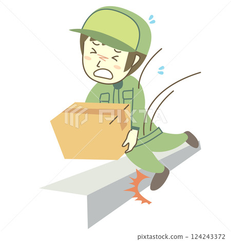 A male delivery man trips on a step while carrying a package 124243372