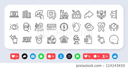 E-mail, Organic tested and Sign out line icons pack. Social media: share, comment, like icons. Building, Love ticket, Dental insurance web icon. Money tax, Like app, Buildings pictogram. Vector 124243650