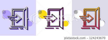 Entrance line icon. Halftone dotted pattern. Gradient icon with grain shadow. Entry door sign. Building exit symbol. Line entrance icon. Various designs. Vector 124243670