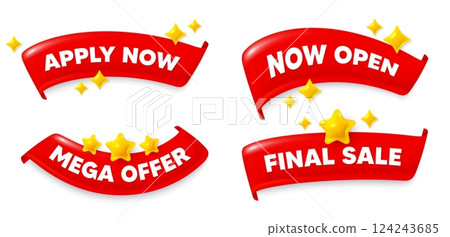 Apply now flag ribbon. Mega discount, Final sale, Now open. Apply now. Register today sign. Job hiring symbol. Red flag ribbon banners. Promo offer tags. Vector Apply now flag ribbon. Mega discount, Final sale, Now open. Apply now. Register today sign. Job hiring symbol. Red flag ribbon banners. Promo offer tags. Vector 124243685