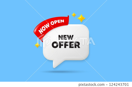 New offer ribbon speech bubble. Now open flag ribbon. New offer tag. Special price sign. Advertising Discounts symbol. 3d sparkle stars speech bubble. Vector 124243701