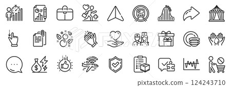 Puzzle, Metro subway and Handbag line icons pack. Share, Message, Paper plane icons. Patient, Doctor, Wash hands web icon. Circus tent, Report document, Business statistics pictogram. Vector 124243710